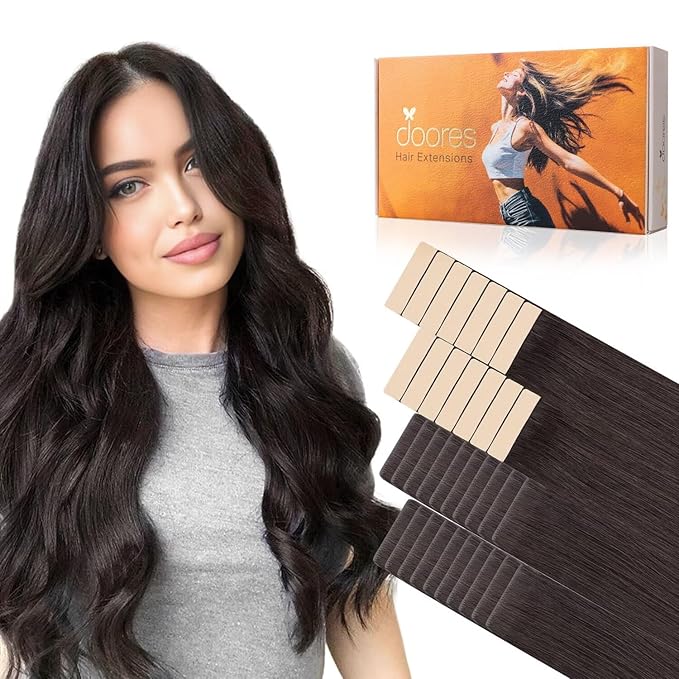 DOORES Invisible Seamless Tape in Hair Extensions Human Hair Invisi Edge, Dark Brown 20 Injection Tape-ins with 20 Classic Tape-ins 100g 16 Inch, Virgin Human Tape in Extensions