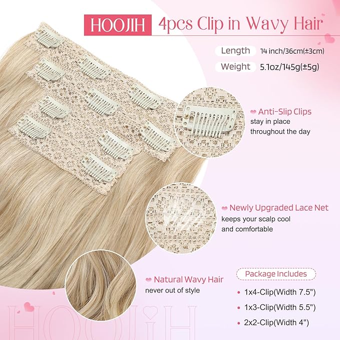 HOOJIH Clip in Hair Extensions 4PCS 14" Short Curly Clip on Hair Extensions Invisible Lace Weft Natural Soft Hairpieces for Women - Ombre Deep Blonde and Light Blonde