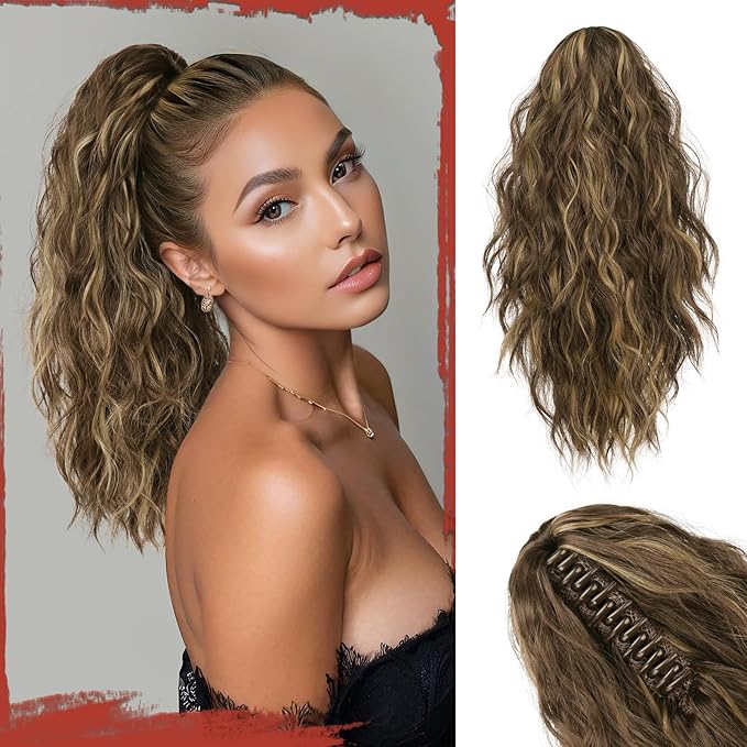 SOFEIYAN Ponytail Extension, 16 inch Claw Clip Ponytail Extension Wavy Curly Ponytails Synthetic Pony Tails Hair Extensions Natural Fake Hairpiece for Women - Honey Blonde Mixed Light Brown