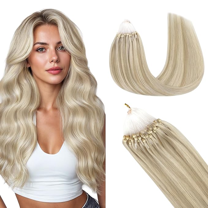 GOO GOO Micro Link Tip Hair Extensions Real Human Hair, 14inch 50g 50S, Invisible Remy Cold Fusion Micro Link Tip Hair Extensions, 17A/60A Ash Blonde Highlighted Platinum Blonde