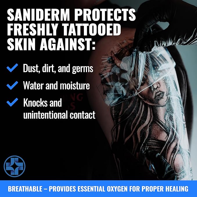Saniderm Original Tattoo Aftercare Bandage (25 Sheets, 6 in x 8 in) – Convenient, Faster Tattoo Healing and Protection – Sterile, Waterproof, and Latex-Free Tattoo Aftercare Wrap – Gloss Finish
