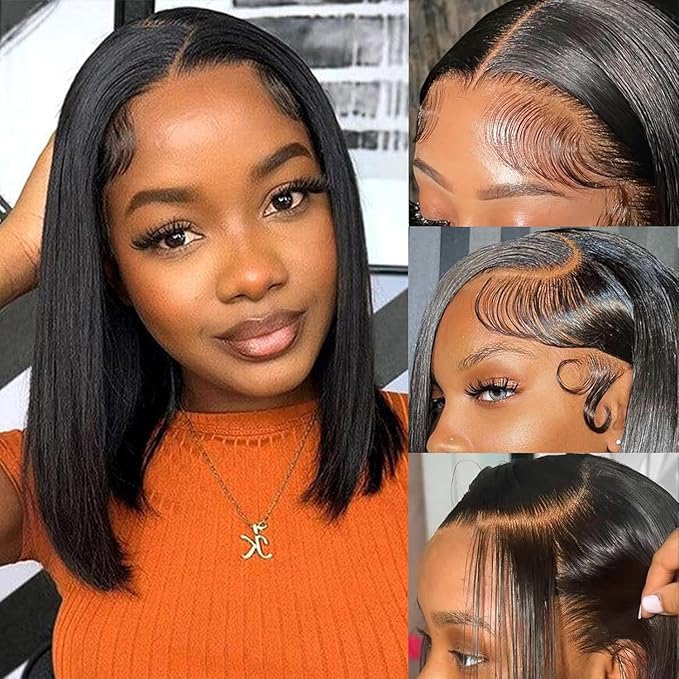 Glueless Bob Wig Human Hair 13x4 HD Transparent Lace Front Wigs Short Bob Wig Glueless Wigs Human Hair Pre Plucked Bleached Knots Straight Lace Front Wigs For Black Women（16 Inch）