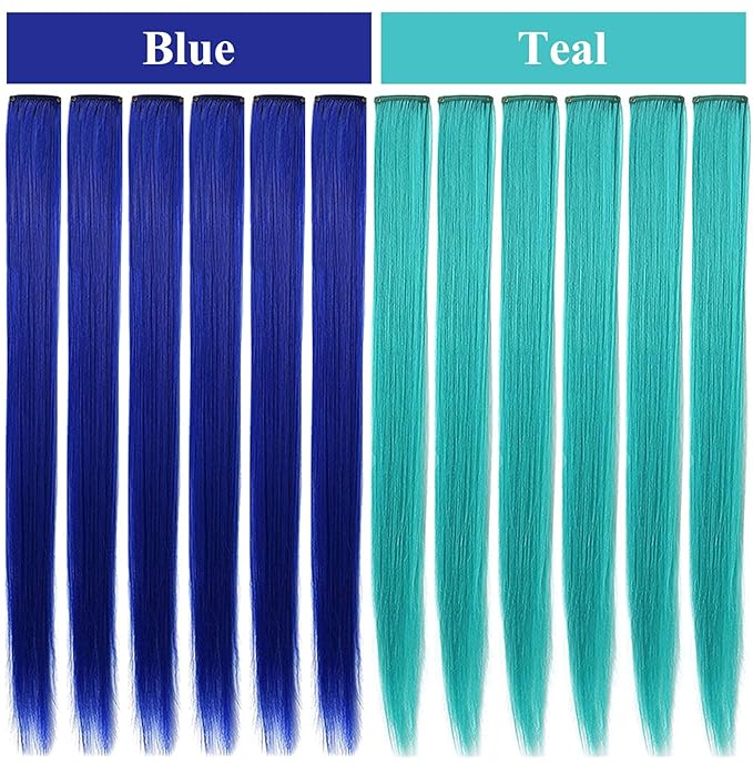 Rhyme 12 PCS Princess Party Highlight Blue Teal Hairpieces 21 inch Colored Hair Extension Clip in/on for Amercian Girls Wig Pieces for Kids (Blue Teal)