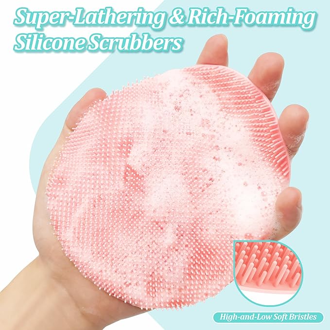 Silicone Back Scrubber & Bath Glove Set 2PCS, 13.4'' Gentle Shower Back Scrubber with Dual-Side Head Non-Slip Handle, 360° Anti-Slip Hand-fit Bath Glove for Rich Foaming Deep Cleaning(Pink)
