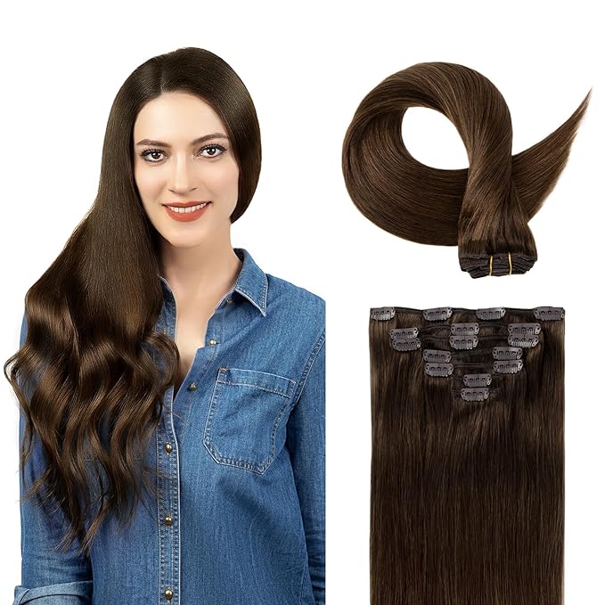 Clip in Hair Extensions Real Human Hair, 100% Remy Chocolate Brown Hair Extensions for Long Hair, Tangle-free&Shedding-free, #4 18Inch 120G 7PCS