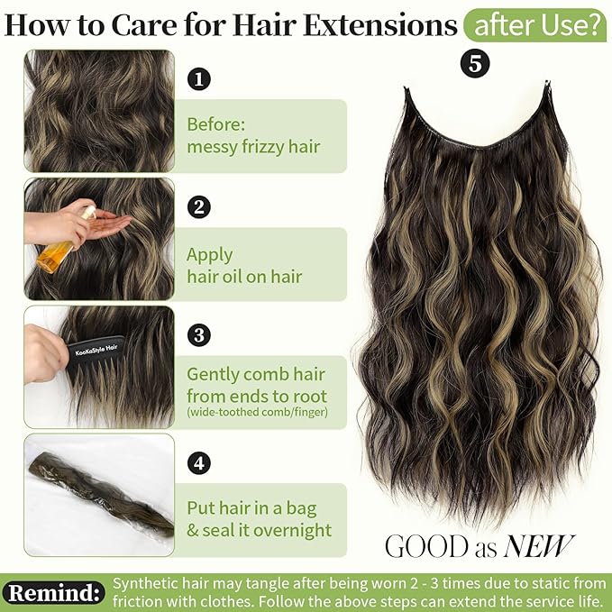 KooKaStyle Invisible Wire Hair Extensions with Transparent Headband Adjustable Size 4 Secure Clips Long Wavy Secret Wire Hairpiece 20 Inch Dark Brown with Blonde Highlights for Women