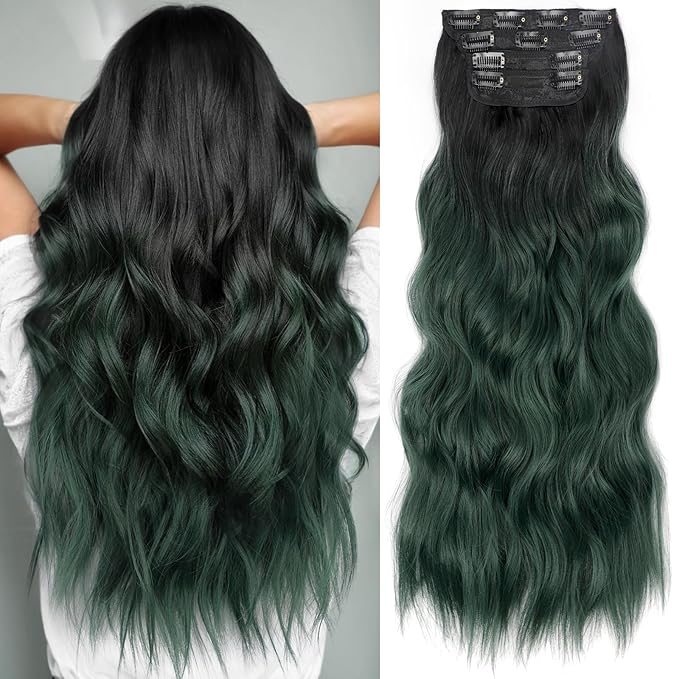 KooKaStyle Clip in Synthetic Hair Extensions Long Wavy 4PCS Thick HairpiecesBlack to Green Ombre Fiber Double Weft Natural Hair Extensions 24 Inch for Women
