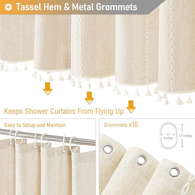 BTTN Stall Fabric Shower Curtain - 54x78 Boho Striped Linen Heavy Duty Tassel Shower Curtain Set with 10 Hooks, Narrow Rustic Modern Farmhouse Bohemian Thick Shower Curtains for Bathroom - Cream/Beige