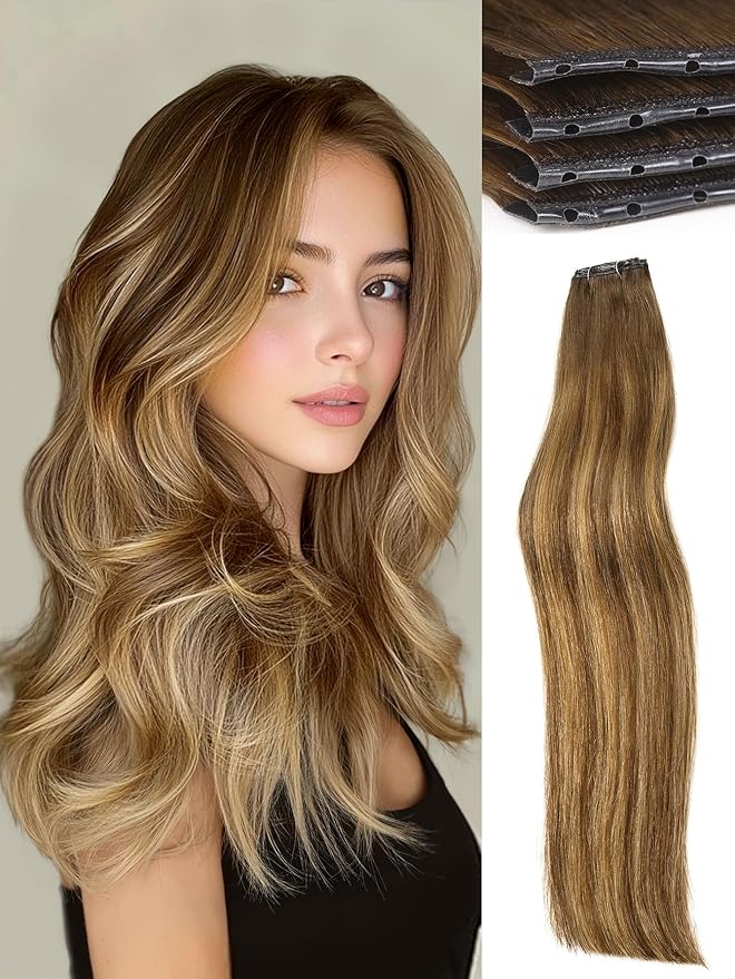 WIGNEE 100% Remy Double Weft Invisible PU OVO Human Hair Extensions 16 Inch Micro Beads Real Human Hair Extensions T4/27 Highlight Honey Blonde Hair Extensions Real Human Hair