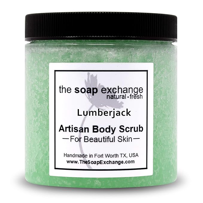 The Soap Exchange Sugar Body Scrub - Lumberjack Scent - Hand Crafted 8 fl oz / 240 ml Natural Artisan Skin Care, Shea Butter, Exfoliate, Moisturize, & Protect. Made in the USA.