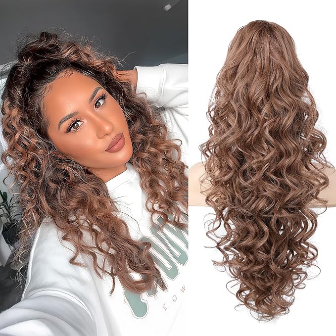 SEIKEA Ponytail Extension, 24" Fluffy Long Wavy Curly Claw Clip Hair Extensions Ponytail Multi-layered Clip in Fake Pony Tails Natural Soft Synthetic Hairpiece Light Ash Brown