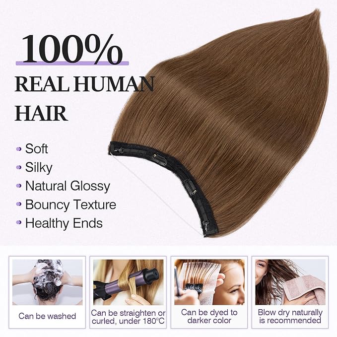 Halo Hair Extensions Real Human Hair,Halo Hair Extension 100% Human Hair,Wire Hair Extensions,Thicker Warm Brown 18 inch/80g