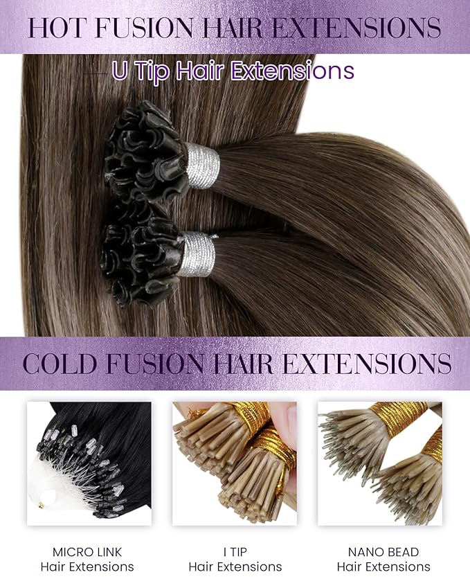 LaaVoo U Tip Hair Extensions Human Hair Dark Brown Mix Ash Brown K Tip Hair Extensions Hot Fusion Balayage 50g/s 20 Inch