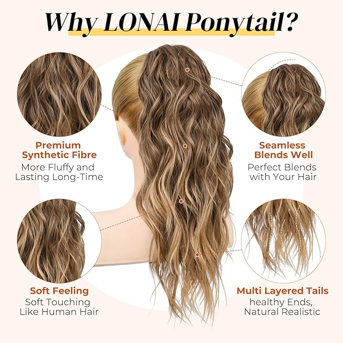 LONAI Ponytail Extension, 18" Wavy Claw Clip Ponytail Extensions ZJ001 Shoulder Length Curly Wavy Claw Clip in Ponytail Hair Extensions Synthetic Fake Pony tails Hairpieces-Ash Brown