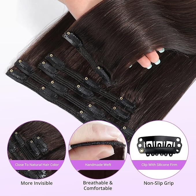 Clip in Hair Extensions Real Human Hair,100% Seamless Invisible Remy Human Hair Silky Straight,Clip Extensions for Women, 8pcs Per Set with Double Weft,2 Dark Brown,24inch 120g/4.2oz