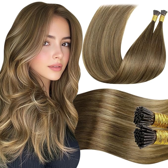 LaaVoo Itip Human Hair Extensions Balayage Brown I Tip Hair Extensions Medium Brown Ombre Light Brown to Golden Brown 16" 50g 60s