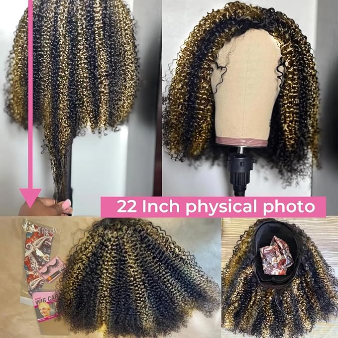 AMIRTY Curly Half Wig Human Hair 200% Density Head Band Wig Human Hair Curly 3 In 1 Half Wigs for Women Ombre Highlight Wear Go Glueless Wigs Human Hair 20 Inch