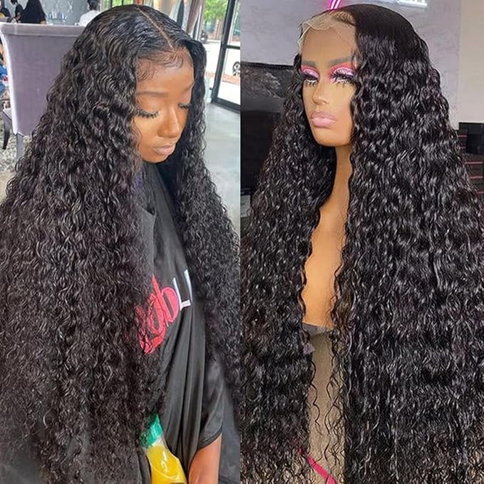 13x6 Full Lace Frontal Wigs 32Inch Water Wave HD 13x6 Full Lace Front Human Hair Wig Wet and Wavy Wig 200 Density Natural Black