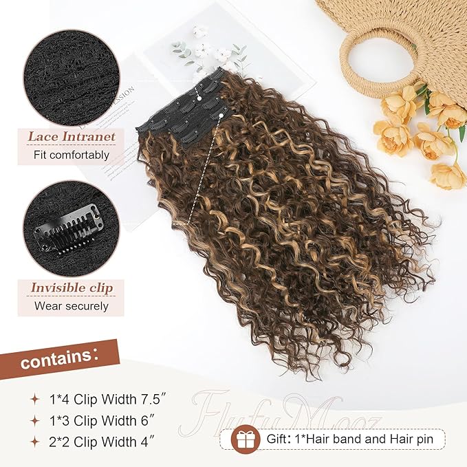 Clip in Hair Extensions, FLUFYMOOZ 4PC 100％ Pure Protein Silk Hair Extensions Long Soft Natural Hairpiece 20 Inch Curly Hair Extension for Women (Dark Golden Brown with Highlight)