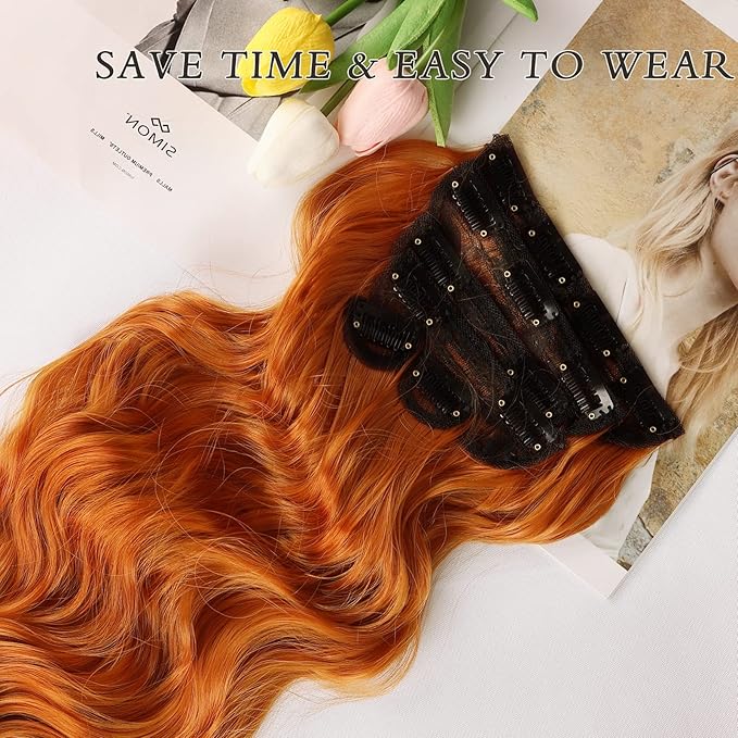NAYOO Clip in Hair Extensions for Women 20 Inch Long Wavy Curly Ginger Orange Hairpieces Full Head Synthetic Hair Hairpieces (6PCS, Ginger Orange)