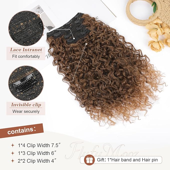 Clip in Hair Extensions, FLUFYMOOZ 4PC 100％ Pure Protein Silk Hair Extensions Long Soft Natural Hairpiece 20 Inch Curly Hair Extension for Women (Almond Brown with Cooper Red)
