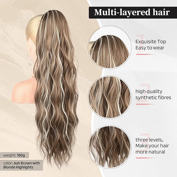 FLUFYMOOZ Ponytail Extension, 26 Inch Drawstring Ponytail Hair Extensions for Women， Long Curly Wavy Ponytail Natural Wavy Synthetic Hairpiece for Women (26" Ash Brown with Blonde Highlights)