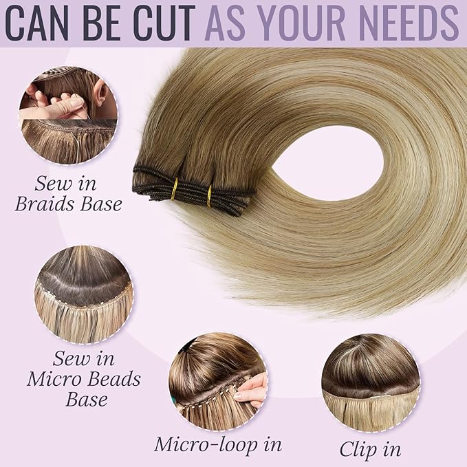Fshine Weft Hair Extensions Color Chestnut Brown Fading To Honey Blonde Mix Platinum Blonde Sew in Hair Extensions Human Hair 14 Inch Real Hair for Women 100g