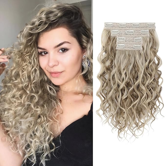 REECHO Curly Hair Extensions, 4PCS 16 inch Clip in Hair Extensions Lace Weft Short Curly Hair Extensions Clip Ins Invisible Natural Hairpieces for Women, Light Ash Brown with Highlights