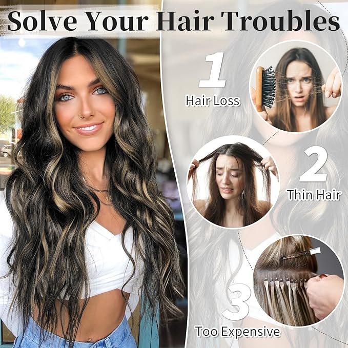 KooKaStyle Invisible Wire Hair Extensions with Transparent Headband Adjustable Size 4 Secure Clips Long Wavy Secret Wire Hairpiece 20 Inch for Women(Black with Blonde Highlights)