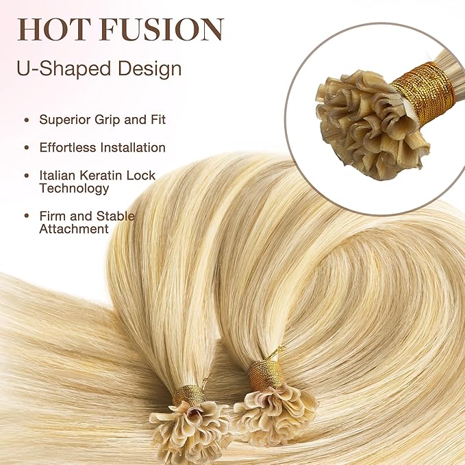 GOO GOO U Tip Real Human Hair Extensions, 14inch 50g 50S, Hot Fusion, Invisible Remy, 18D/22F Dirty Blonde Highlights