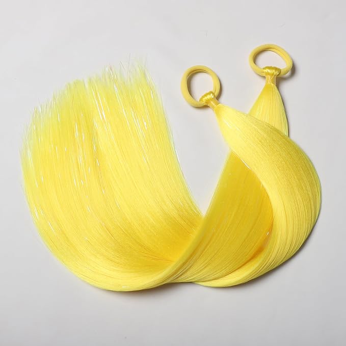 Yellow Hair Extensions for Braids Ponytail Extension 2 Packs, 20 inch Crazy Hair Day Accessories for Women, DIY Festival Wacky Rave Braids,Tinsel Mixed