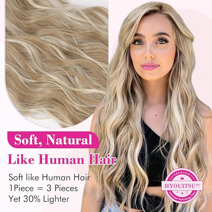 REECHO Clip in Hair Extensions, 20” One Piece Hair Extension Clip in Wefts Long Thick Beach Wavy Natural Soft Synthetic Hairpieces for Women, Medium Blonde with Highlights