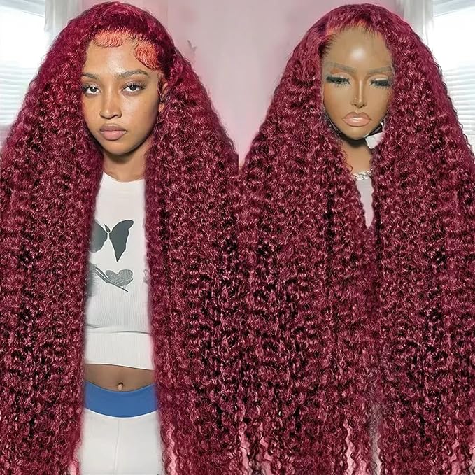 Burgundy Wig Human Hair 99j Burgundy 13x6 Deep Wave Lace Front Wigs Human Hair Pre Plucked 180% Density HD Transparent Lace Frontal Wigs for Black Women Red Colored Wig 38 Inch