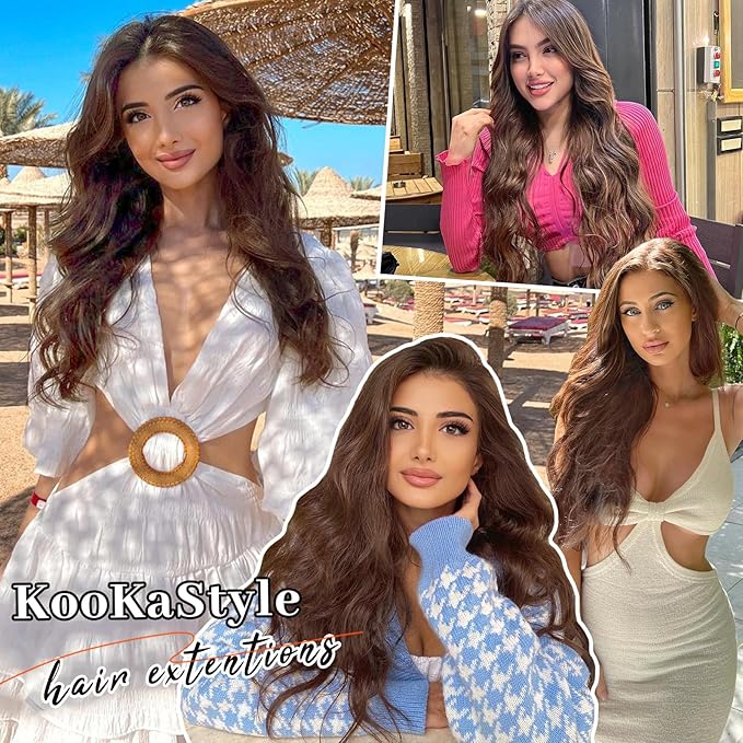 KooKaStyle Hair Extensions, 7PCS Clip in Hair Extension, 20 Inch Chestnut Brown Long Wavy Natural Soft Thick Hairpieces for Women…