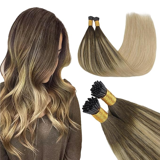 GOO GOO I Tip Hair Extensions - Real Human Hair, 14inch 100g 200S, Cold Fusion, Invisible Remy, 4/18 Balayage Chocolate Brown Highlighted Dirty Blonde