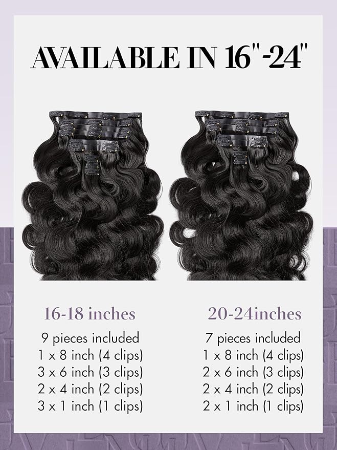 LUVME Clip in Hair Extensions Real Human Hair, Natural Black 135g 9pcs 18 Inch, Human Hair Clip ins Extensions for Women on Thick Body Wavy Extensions