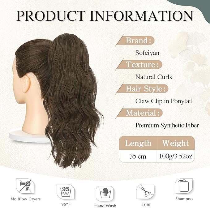 SOFEIYAN 14" Ponytail Extension, Short Wavy Claw Clip in Ponytail Hair Extension Synthetic Hairpieces Black Layered Natural Fluffy Curly Drawstring Ponytail Hair Piece for Women