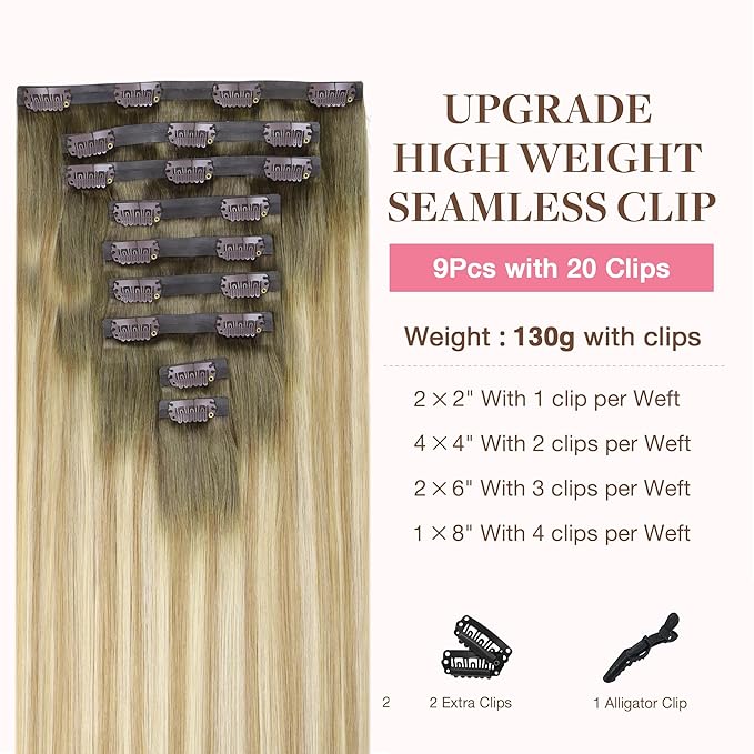 GOO GOO Clip in Hair Extensions Real Human Hair, Remy Human Hair Extensions Clip ins for Women, Natural Human Hair, 14inch 130g 9Pcs, 5A/90/16F Bahamian Balayage
