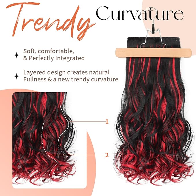Kookastyle Clip in Hair Extensions 4 pcs Natural Long Synthetic Curly Hairpieces Layered Soft Invisible for Women Black Mix Red Highlights 20 Inch