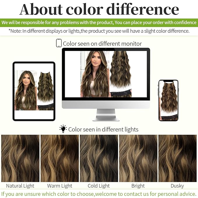 KooKaStyle Invisible Wire Hair Extensions with Transparent Headband Adjustable Size 4 Secure Clips Long Wavy Highlight Synthetic Hairpieces 20 Inch Balayage Chocolate Brown to Caramel Blonde for Women