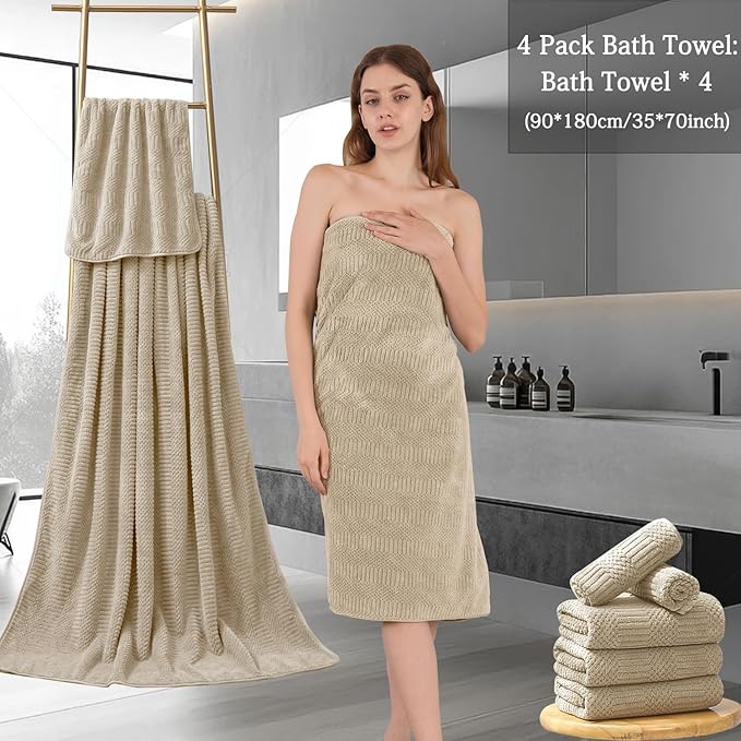 Ycosy 4 Pack Extra Large Microfiber Bath Towels Set,35x70 inches,600GSM,Less Lint Highly Absorbent Super Soft & Quick Dry,Oversized Bath Towels,Perfect for Bathroom Gym Pool,Camel