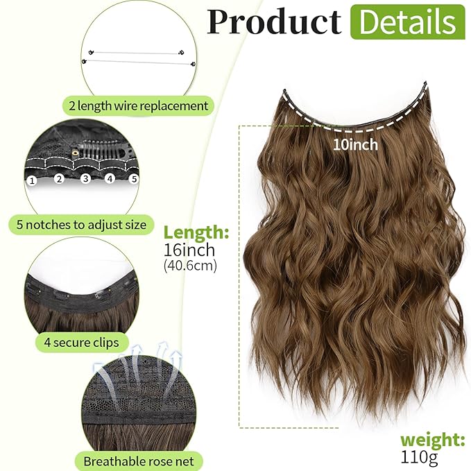 KooKaStyle Invisible Wire Hair Extensions with Transparent Wire Headband Adjustable Size 4 Secure Clips Long Wavy Synthetic Hairpiece 16 Inch COCOA# for Women
