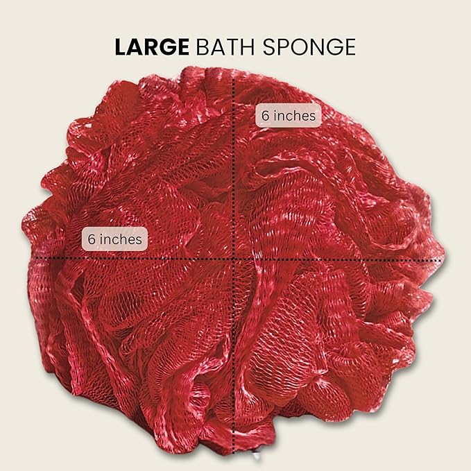Large Bath Sponge Pack of 3 – Soft 70G Mesh Loofahs with Suction Cup (Dark Red): Gentle Exfoliation for All Skin Types, Rich Lather Poufs for Daily Shower Use