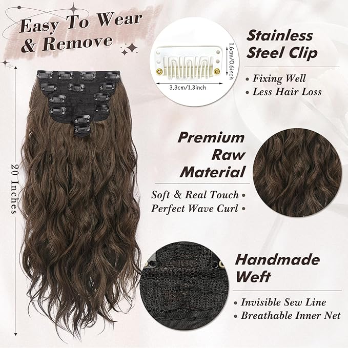 BARSDAR Beach Wavy Brown Clip in Hair Extensions – 20 Inch 6PCS Thick Soft Synthetic Hairpieces, Full Head Clip in Hair Extensions for Women – Long Voluminous Easy Wear Daily Party - Brown