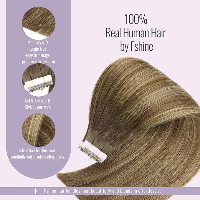 Fshine Tape In Hair Extensions Real Human Hair Balayage Medium Brown with Platinum Blonde Tape In Extensions Human Hair 22 Inch Glue on Extensions 50g 20Pcs 100% Remy Human Hair