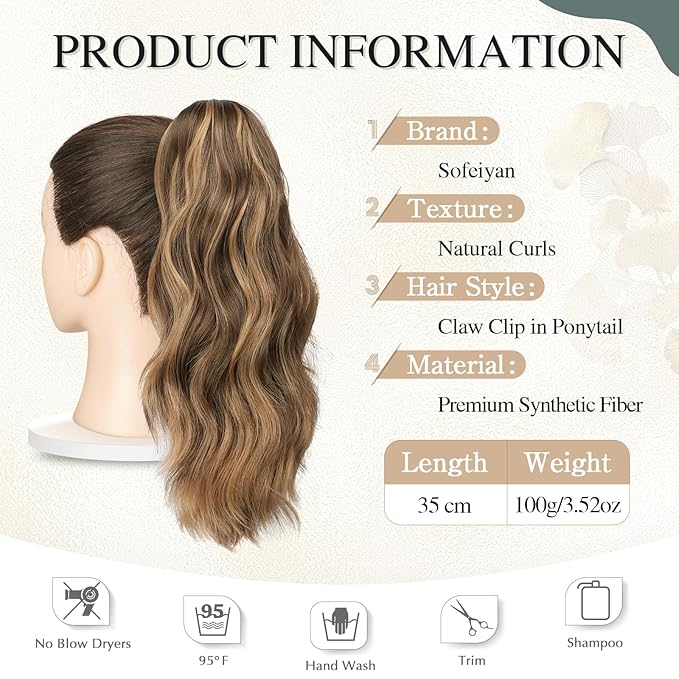 SOFEIYAN 14" Ponytail Extension, Short Wavy Claw Clip in Ponytail Hair Extension Synthetic Hairpieces Honey Blonde Mix Light Brown Layered Natural Fluffy Curly Drawstring Ponytail Hair Piece for Women