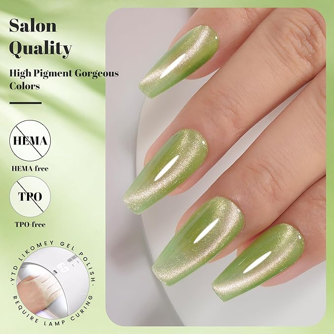 YTD Likomey Cat Eye Gel Nail Polish,Crystal 15ml Guava Green Pink Magnetic Shimmer Shimmer Glitter Jelly Shiny Salon Home Fall Winter UV Nail Varnish with Magnet Stick,HEMA Free TPO Free,MY516