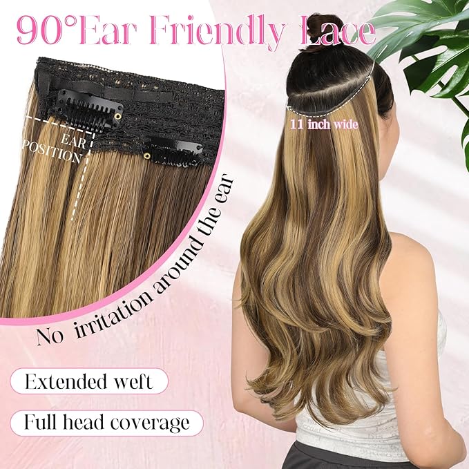 Invisible Wire Hair Extensions with Transparent Wire Adjustable Size 4 Secure Clips Long Wavy Secret Hairpiece 20 Inch for Women(Balayage Chocolate Brown to Caramel Blonde)
