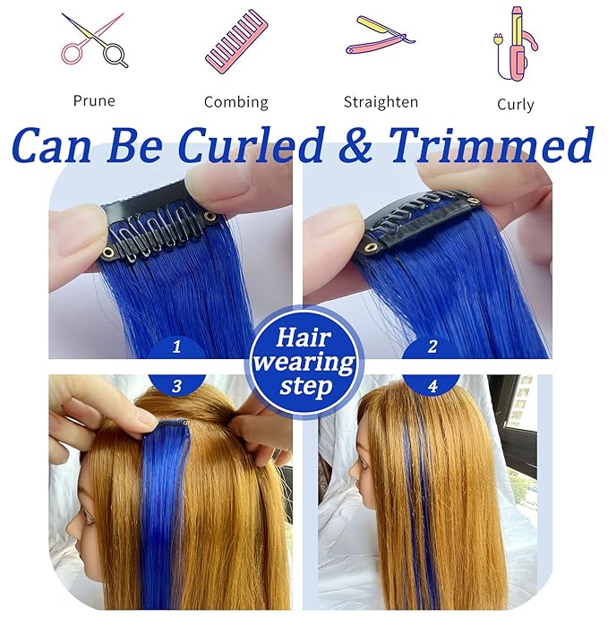 Rhyme 12 PCS Princess Party Highlight Blue Teal Hairpieces 21 inch Colored Hair Extension Clip in/on for Amercian Girls Wig Pieces for Kids (Blue Teal)
