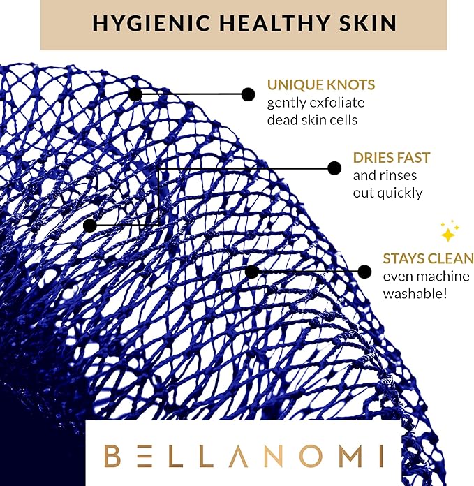 BELLANOMI 4 Piece African Exfoliating Net Sponge Long African Bath Sponge, Authentic Ethically Sourced from Nigeria, Great for Daily Use (Navy Blue, Baby Blue, Blush, Pink)